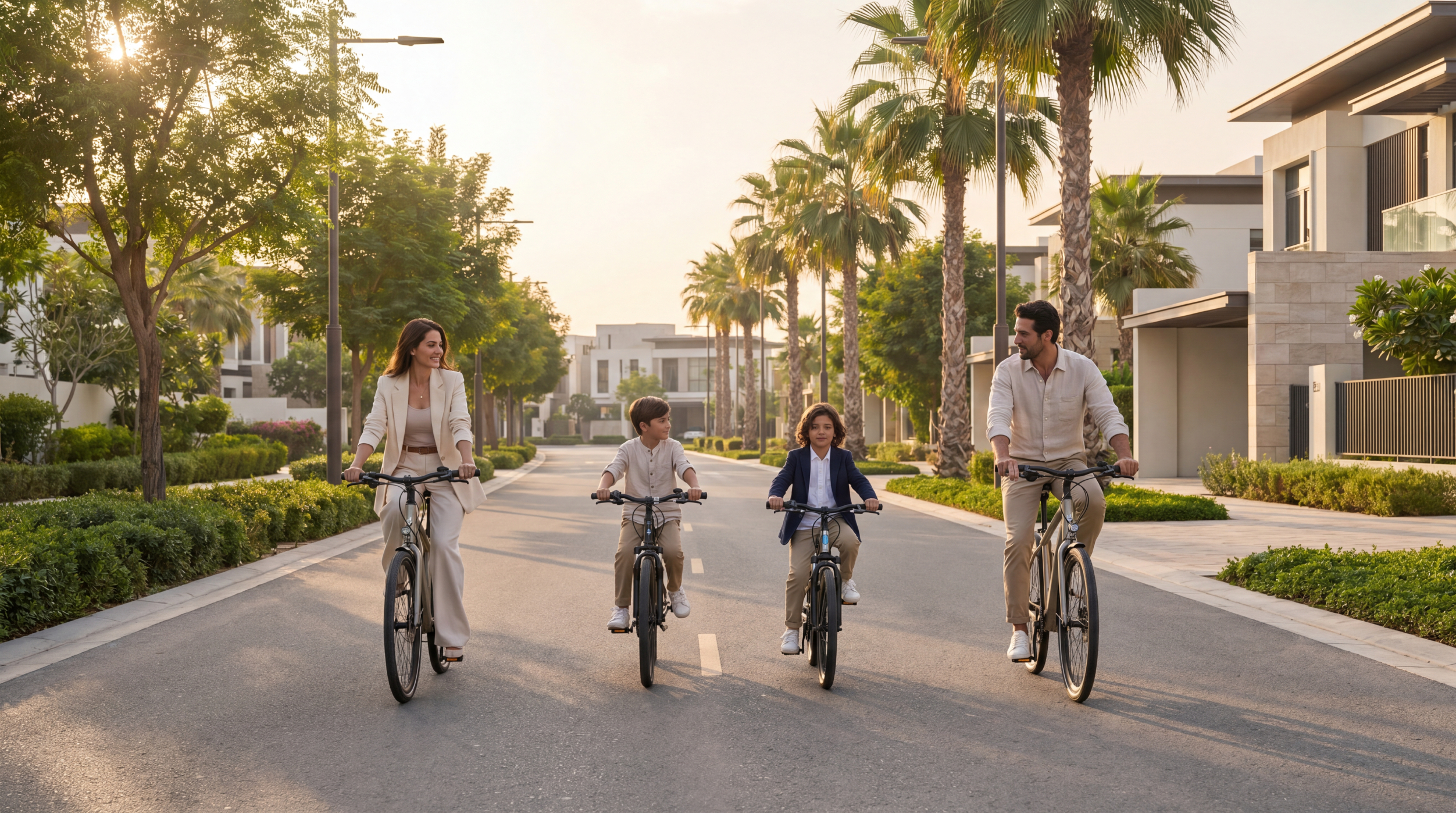 Family cycling in Dubai Hills Estate, one of the best family friendly communities Dubai 2026